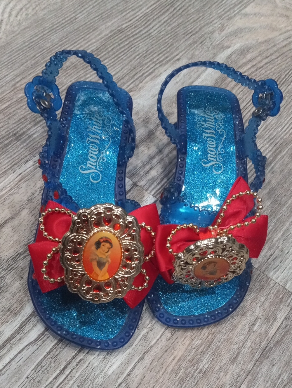 Disney Snow White Kids Blue Glitter Princess Sandals with Red Bow